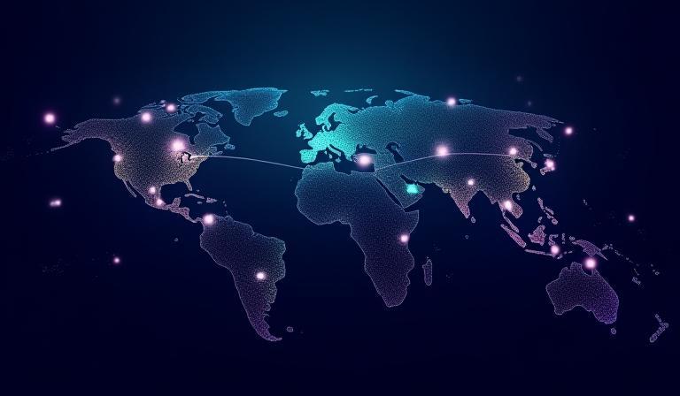 Illustration of global blockchain network connecting diverse businesses